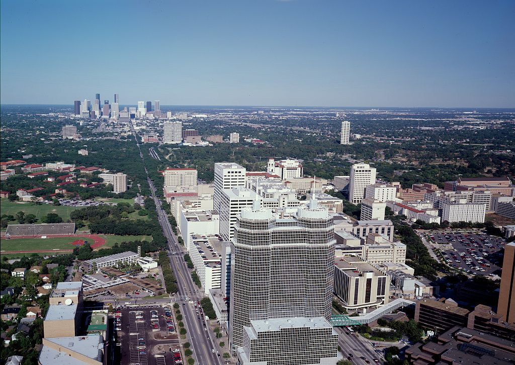Aerial view of the Texas Medical Center and Houston skyline